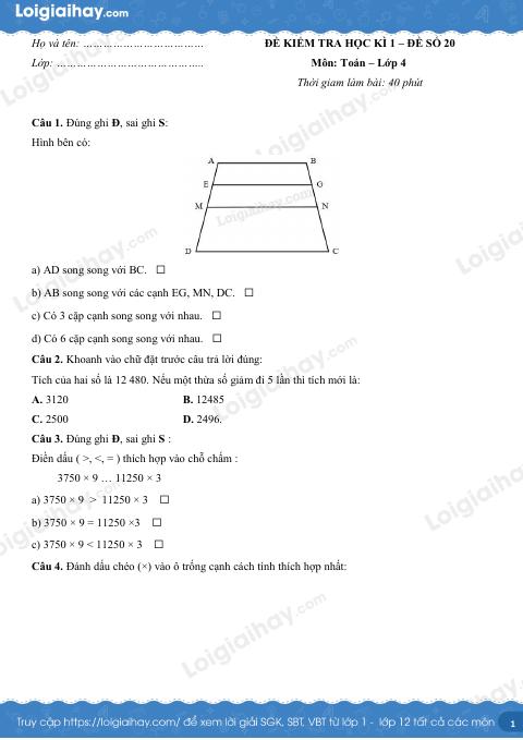 Đề số 20 - Đề kiểm tra học kì 1 - Toán lớp 4